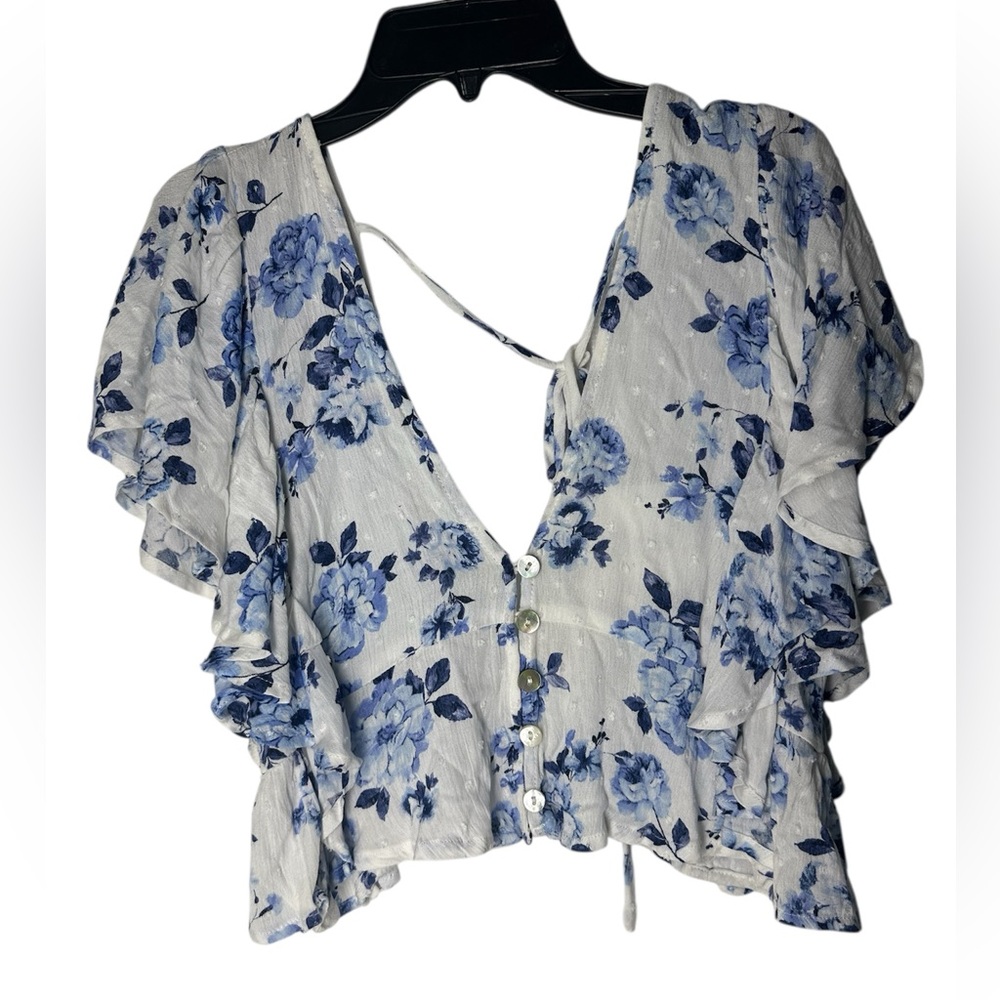 Altar'd State White and Blue Floral V-Neck Button Blouse